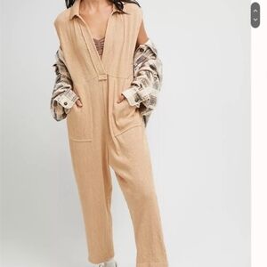 Free People Carousel One piece Tan Cotton  Gauze Beachy Jumpsuit Size Small